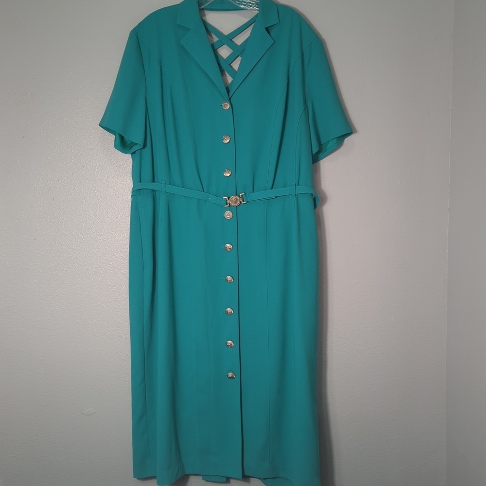 90s Aqua Dress By Together Button Up Belt Cutout Lattice Back  Pockets Sz 18 NWT